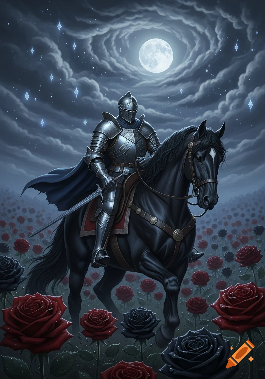 A knight in shining armor on a black horse rides through a field of red and black roses under a full moon and starry night sky.