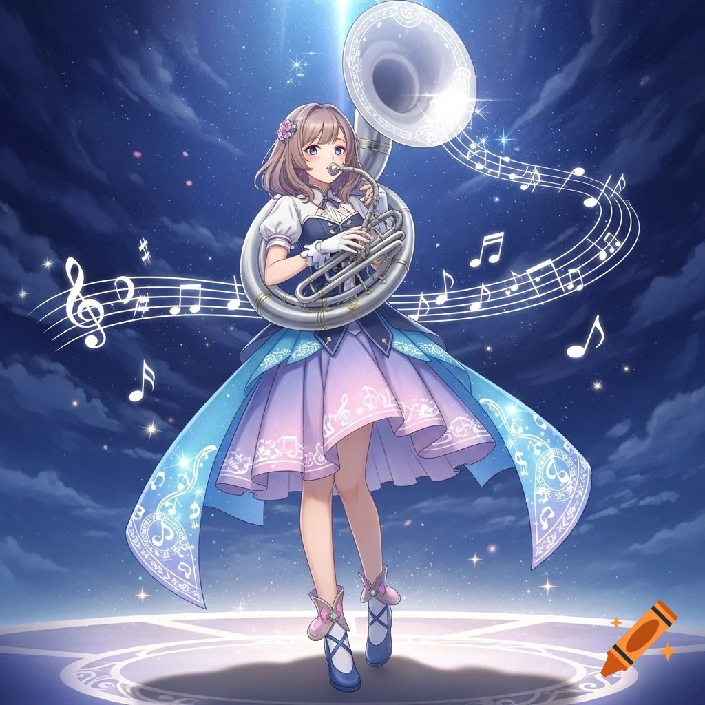 An anime magical girl in a pastel dress plays a sousaphone under a starry night sky with musical notes floating around.