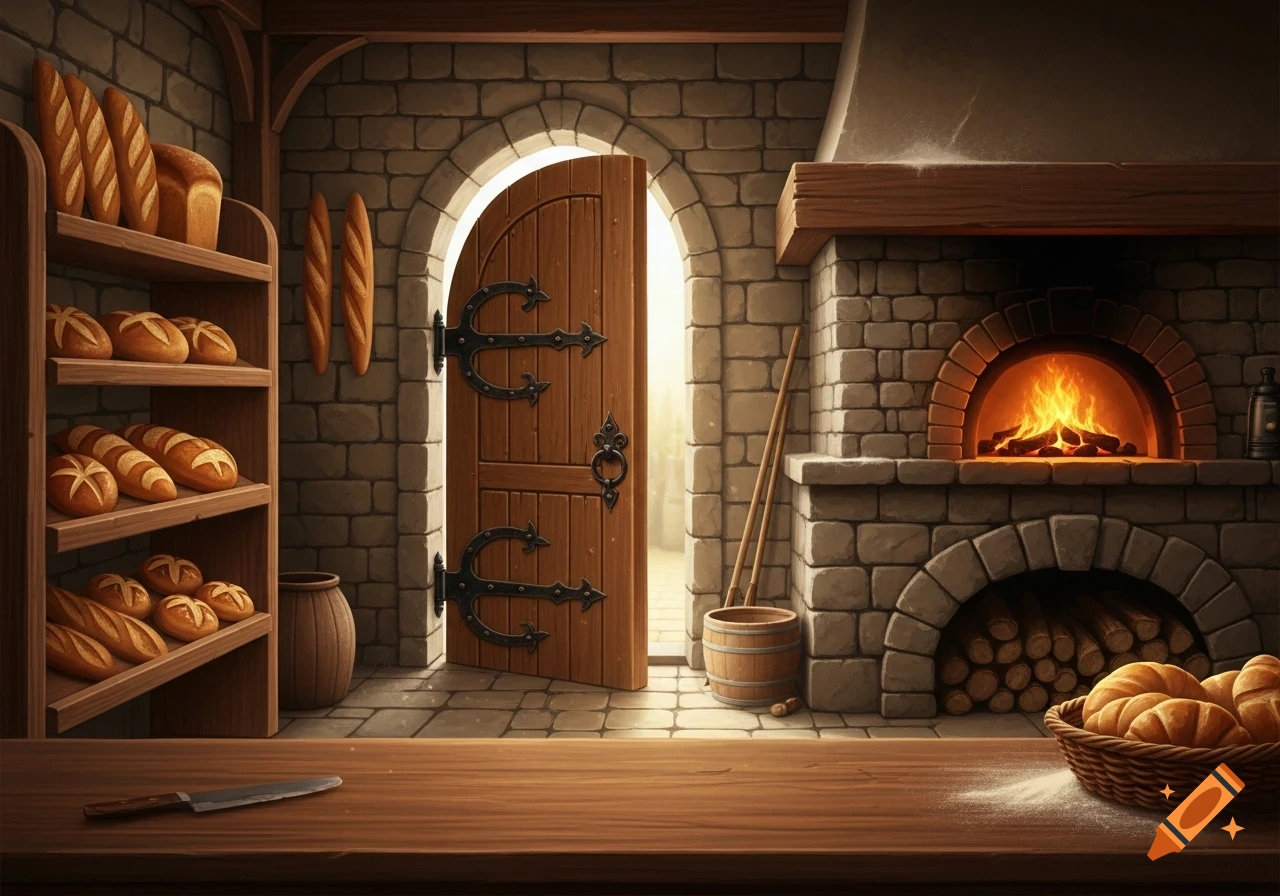 A medieval bakery interior with shelves of bread, a stone oven with a fire, an open wooden door, and a counter with a knife.