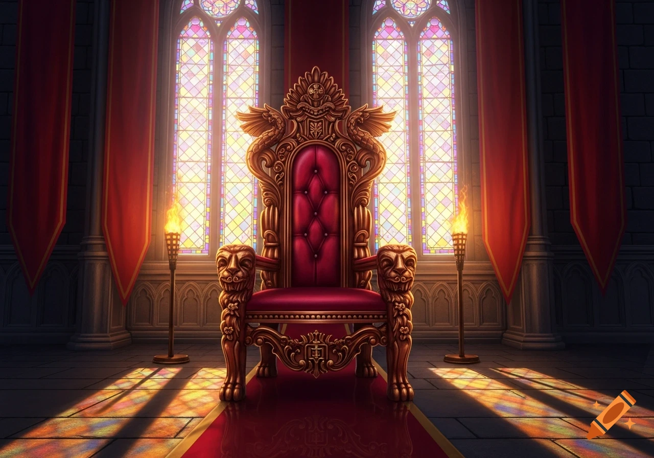 A richly decorated golden and red throne sits in a grand hall with stained glass windows and torchlight, casting colorful shadows.