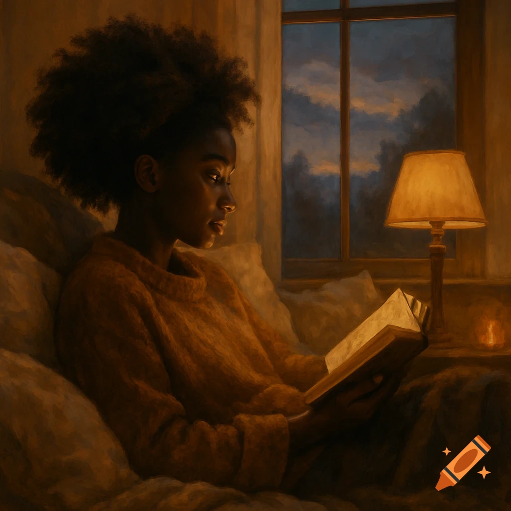 A Black girl with an afro reads a book by warm lamplight in a cozy, painterly scene.