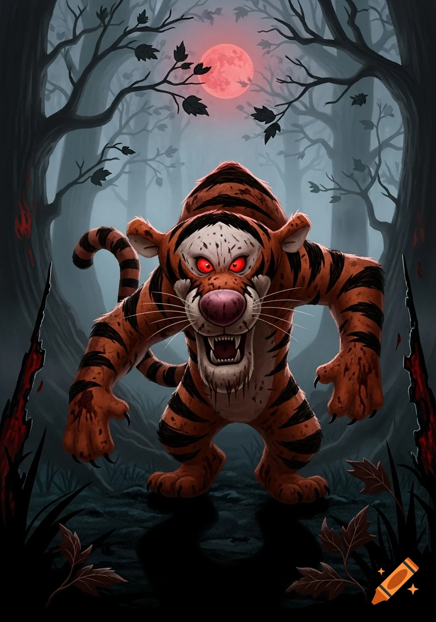 Evil Tigger with glowing red eyes and blood splatters, stands menacingly in a spooky, dark forest under a red moon.