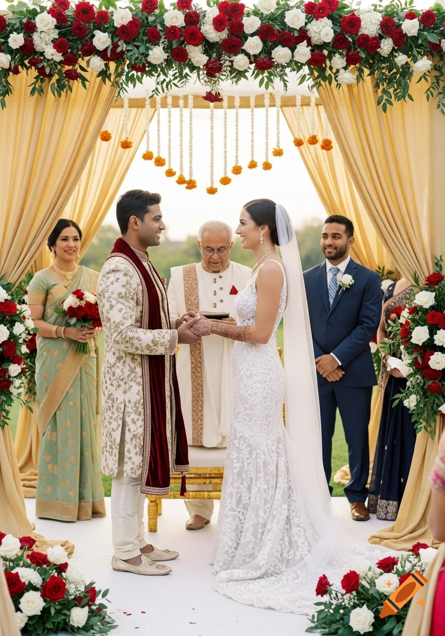 A smiling Indian groom and White American bride hold hands during a vibrant outdoor Hindu wedding ceremony under a floral arch.