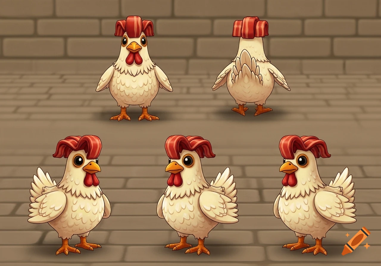 Five cartoon chickens with white bodies, orange beaks, red combs, and red bacon-strip hair. They are shown from different angles against a brick background, like game character sprites.