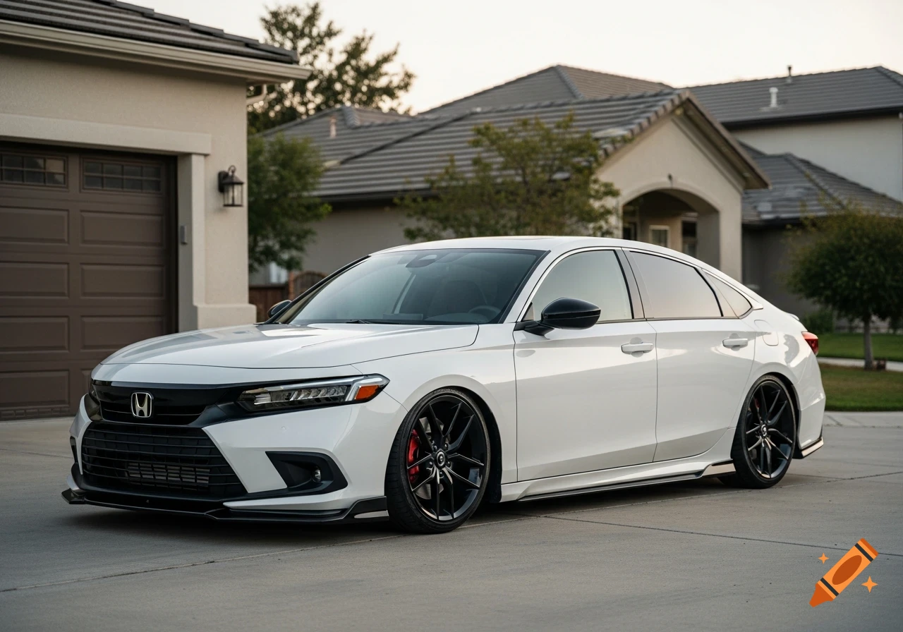 A white Honda Accord sedan with black sport wheels parked on a driveway in front of a house.