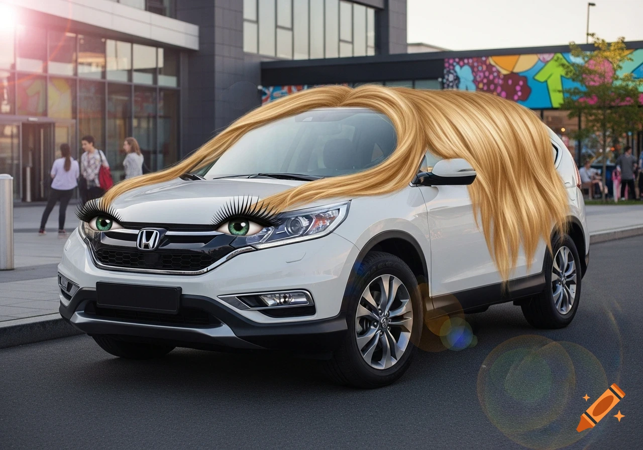 A white Honda CR-V with green eyes, long eyelashes on its headlights, and blonde hair draped over the windshield and roof, parked outside a modern building.