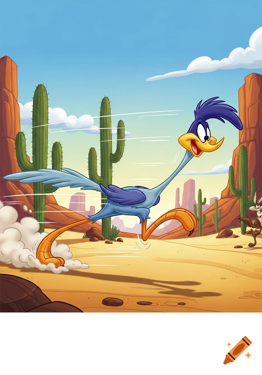 Road Runner cartoon character dashes through a desert with cacti and mesas, Wile E. Coyote nearby.