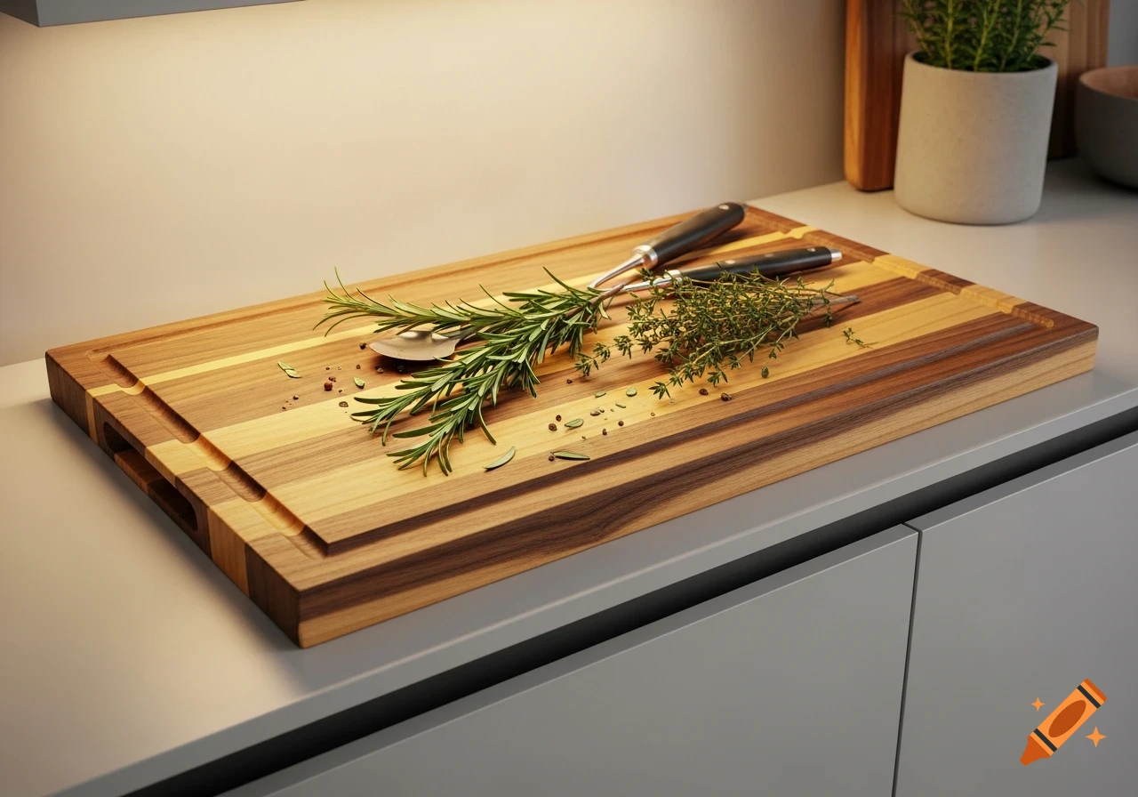 A modern wooden cutting board with rosemary and thyme sprigs and two utensils, sits on a light grey kitchen counter. Photorealistic.
