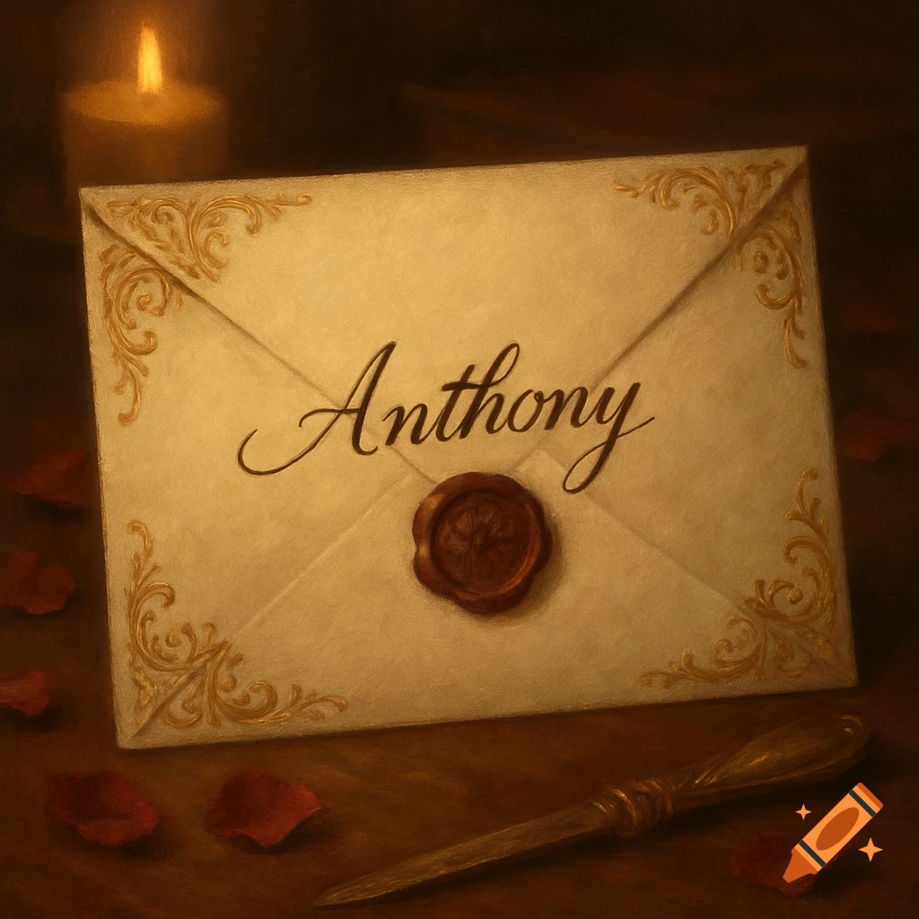 Vintage letter addressed 'Anthony' with a wax seal, surrounded by rose petals and a letter opener on a dark wooden table, lit by candlelight.
