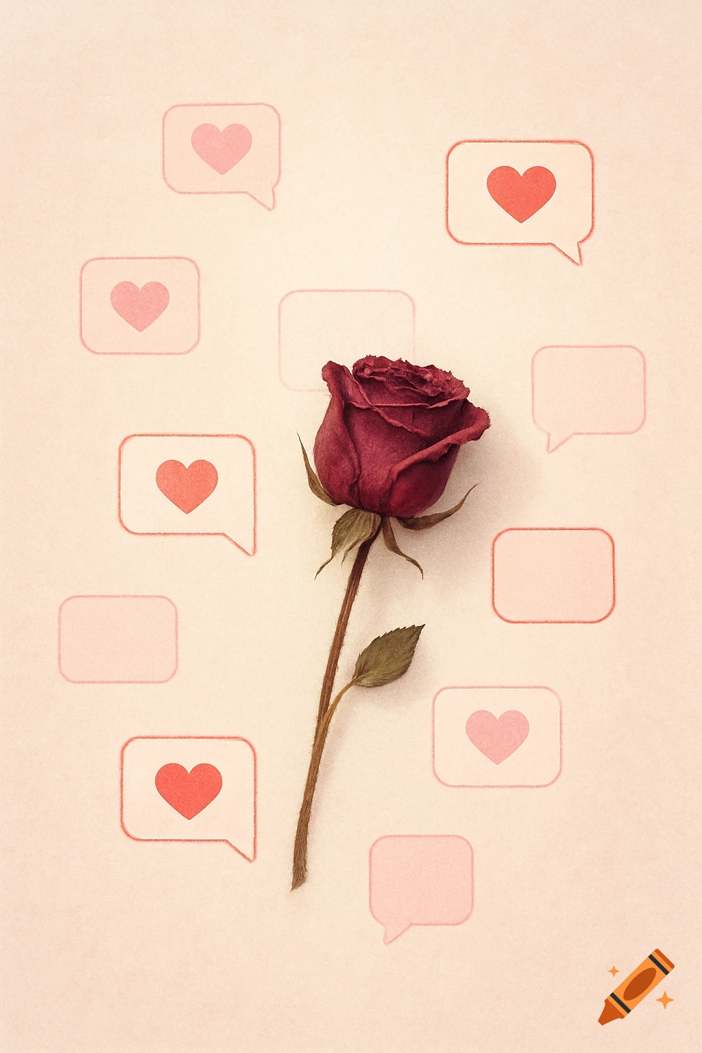 A dried red rose stands centrally on a pale pink, textured background, surrounded by pink and red speech bubbles containing heart symbols.