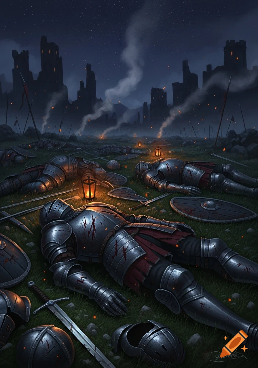 Digital painting of knights in armor lying on a dark battlefield at night, with lanterns, weapons, and destroyed castles in the background.