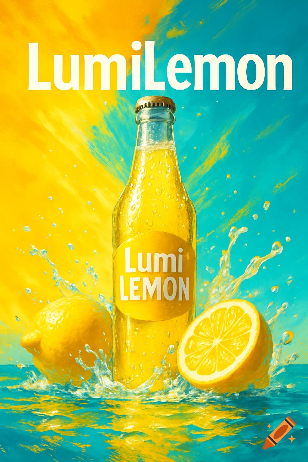 Vibrant lemonade ad with a bottle of LumiLemon, whole and sliced lemons splashing in water, set against a yellow and turquoise background.