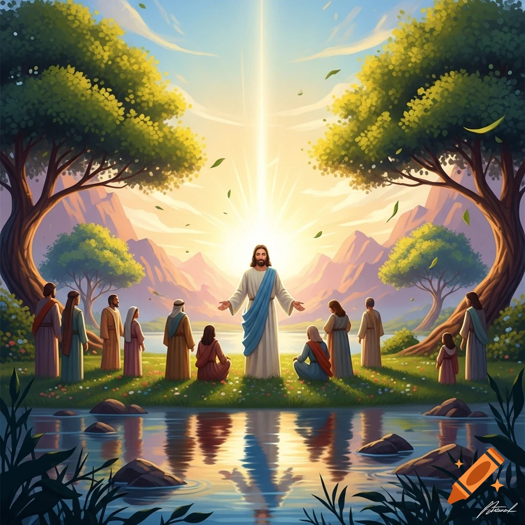 Jesus stands among his disciples by a tranquil river, bathed in bright divine light in a vibrant, lush landscape with mountains.