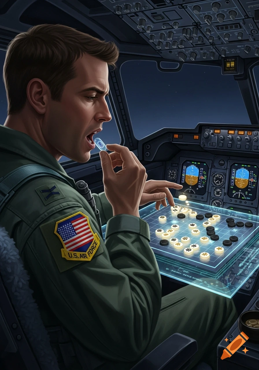 A digital art illustration of a US Air Force pilot in a cockpit, about to swallow a pill while playing a holographic board game.