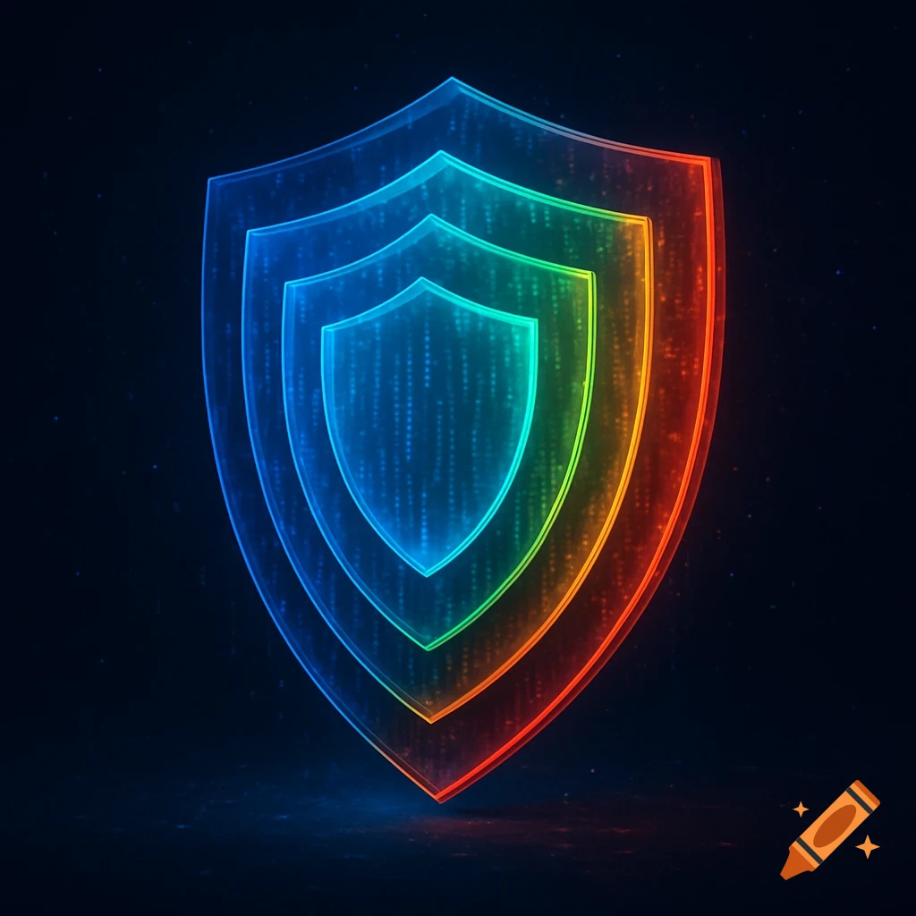 Three glowing, nested shield icons in blue, green, and orange, with digital matrix patterns inside, set against a dark, starry background, in a cyber-futuristic style.