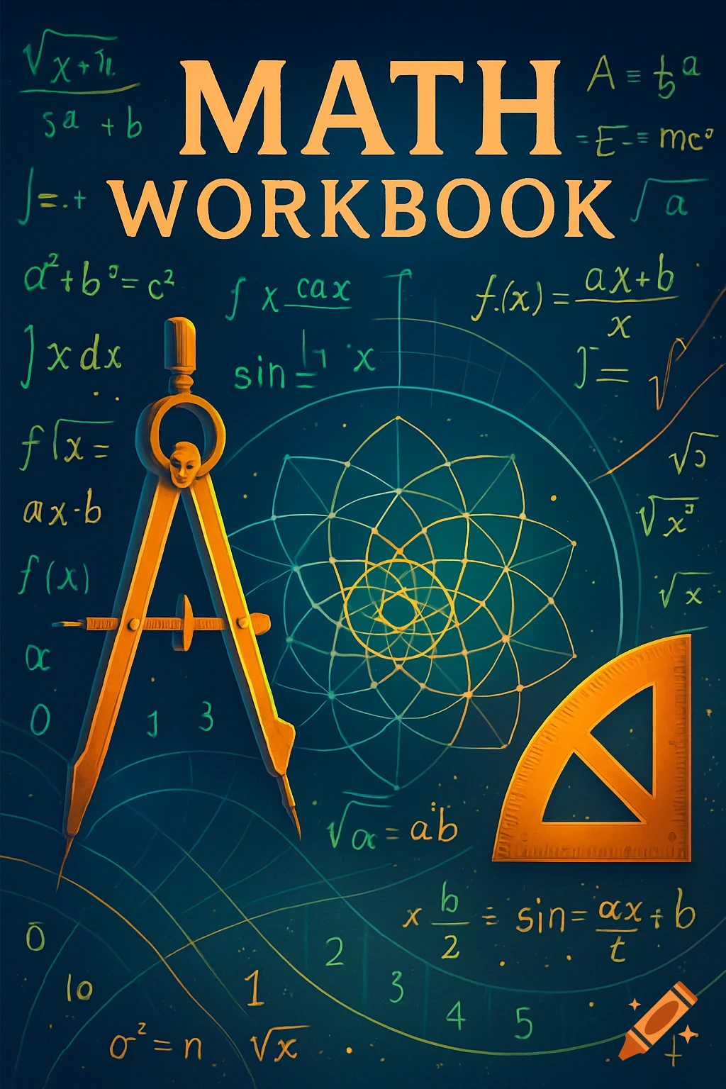 A dark blue math workbook cover featuring "MATH WORKBOOK" text, a golden compass, a protractor, and various math equations.