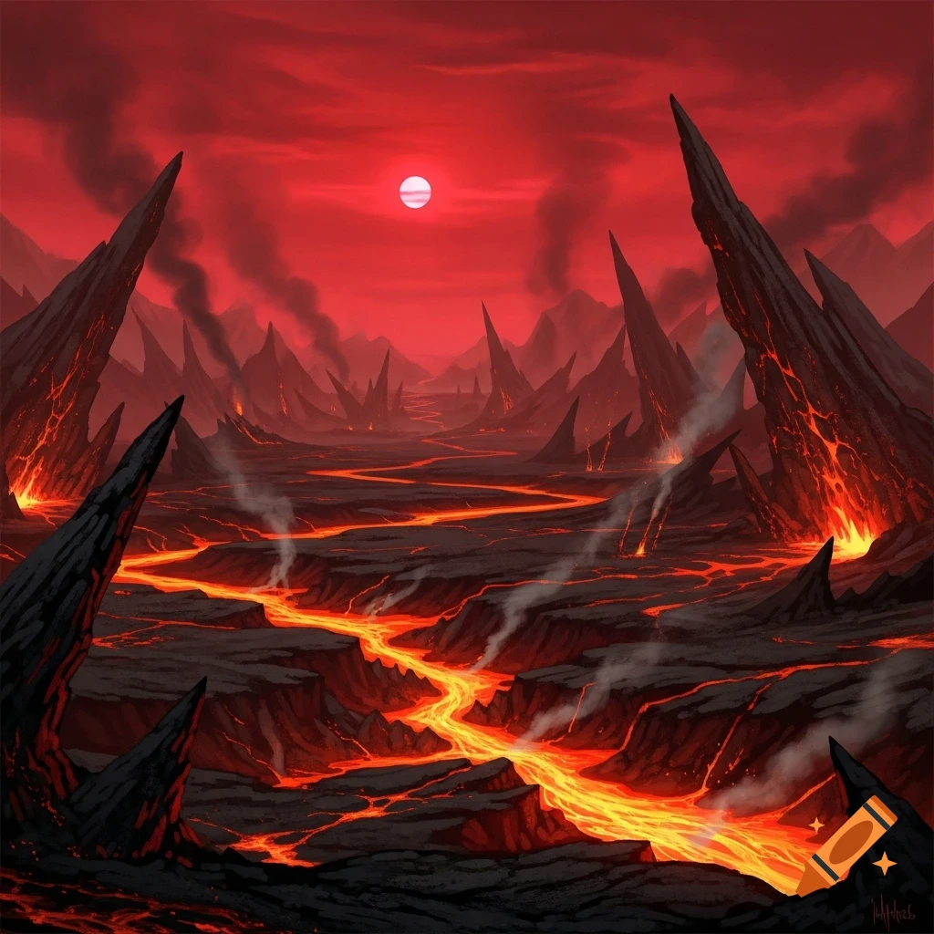 A desolate, fiery landscape with a bright red sky and sun, a winding river of glowing lava, and sharp, dark rock formations under a smoky red sky.