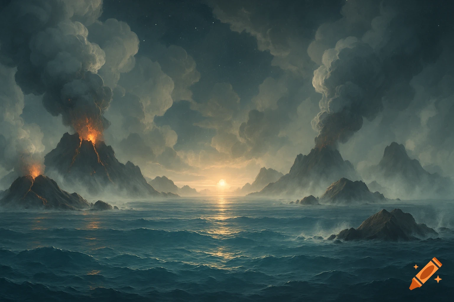 A dramatic landscape featuring a vast ocean with multiple erupting volcanoes under a cloudy, twilight sky, with the sun low on the horizon reflecting on the water.