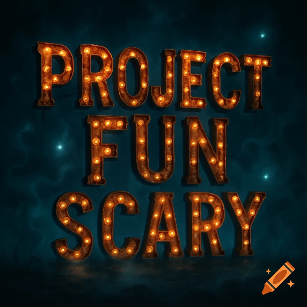 Rustic marquee letters spelling "PROJECT FUN SCARY" with glowing bulbs against a dark, smoky background.