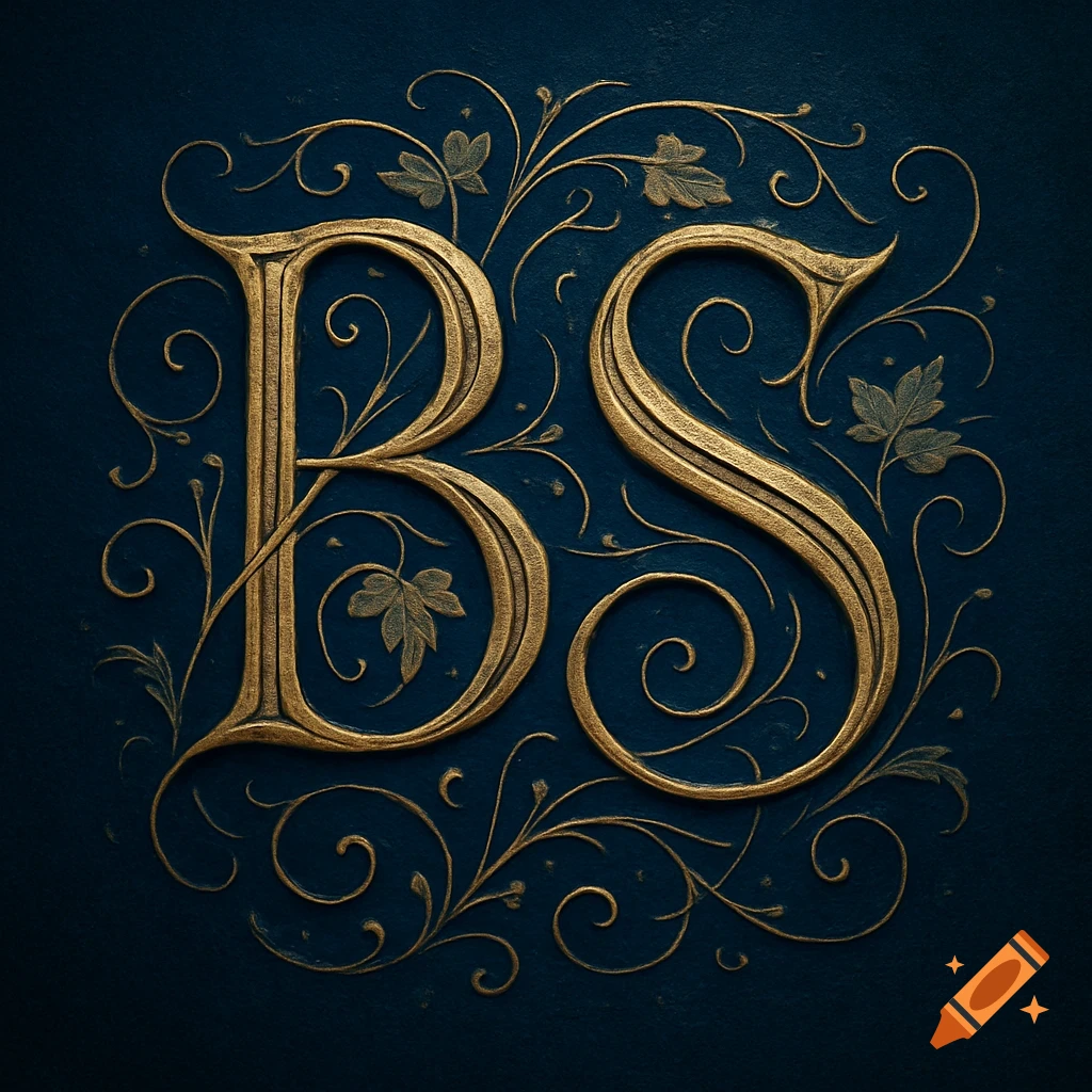 Ornate gold letters 'B' and 'S' intertwined with delicate floral scrollwork on a dark blue textured background.