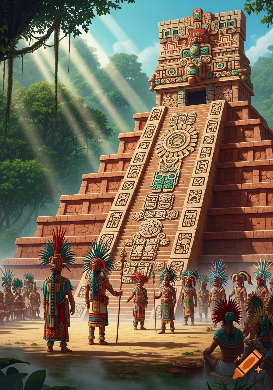 A vibrant illustration of a majestic Mayan-style pyramid in a sunlit jungle, surrounded by people in traditional feathered attire.