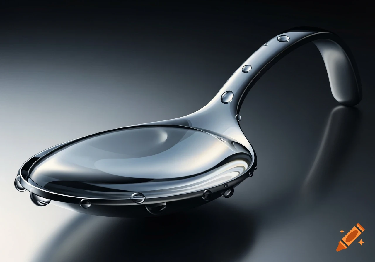 A photorealistic close-up of a shiny silver spoon filled with water and covered in droplets on a dark, reflective surface.