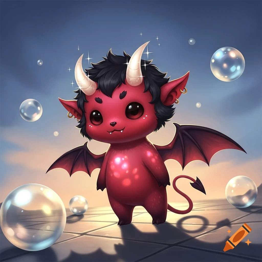 A cute, red chibi demon with horns, bat wings, and a pointed tail, stands amidst glowing bubbles in an illustration.