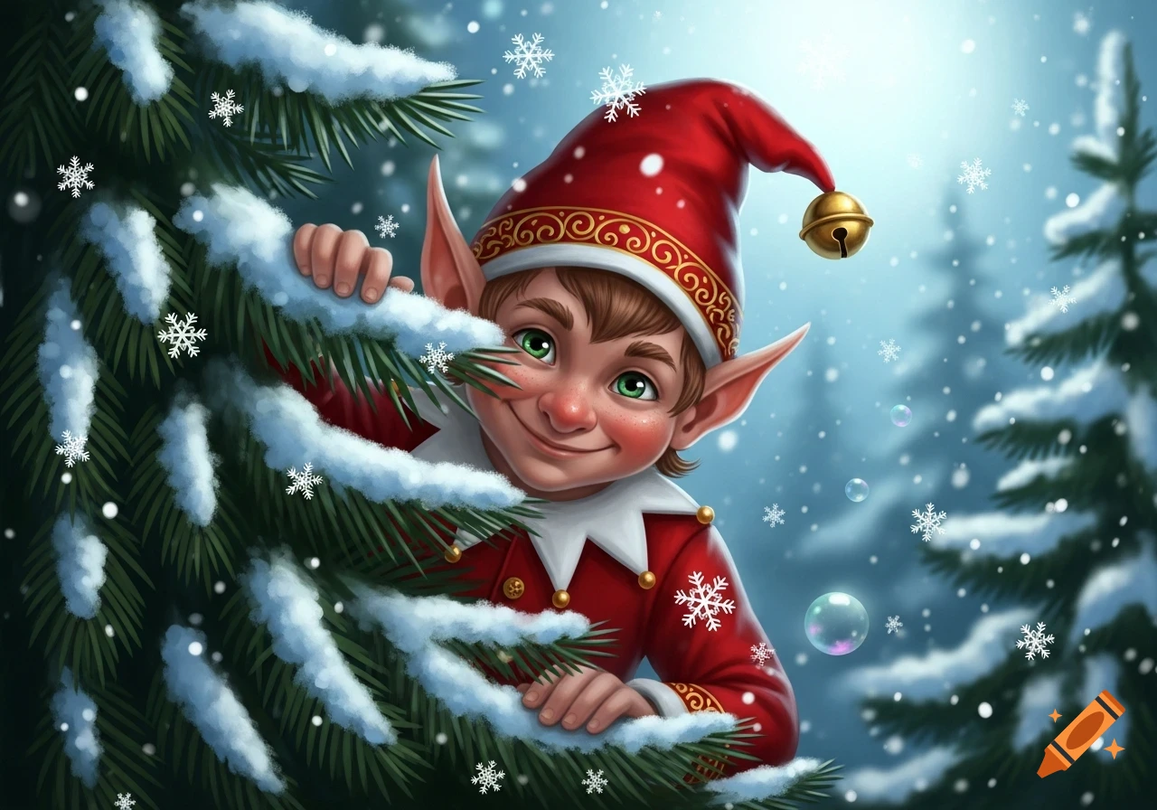 A happy Christmas elf with green eyes peeks from behind a snow-covered pine tree as snowflakes fall in a winter forest illustration.