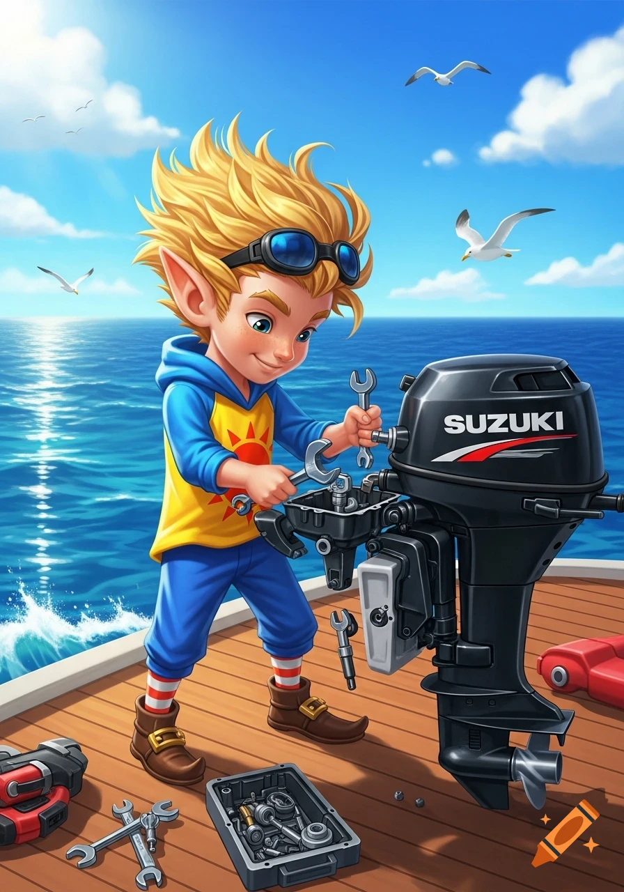 A playful illustration of a tiny elf in a boat on blue ocean water, repairing a black Suzuki outboard engine.