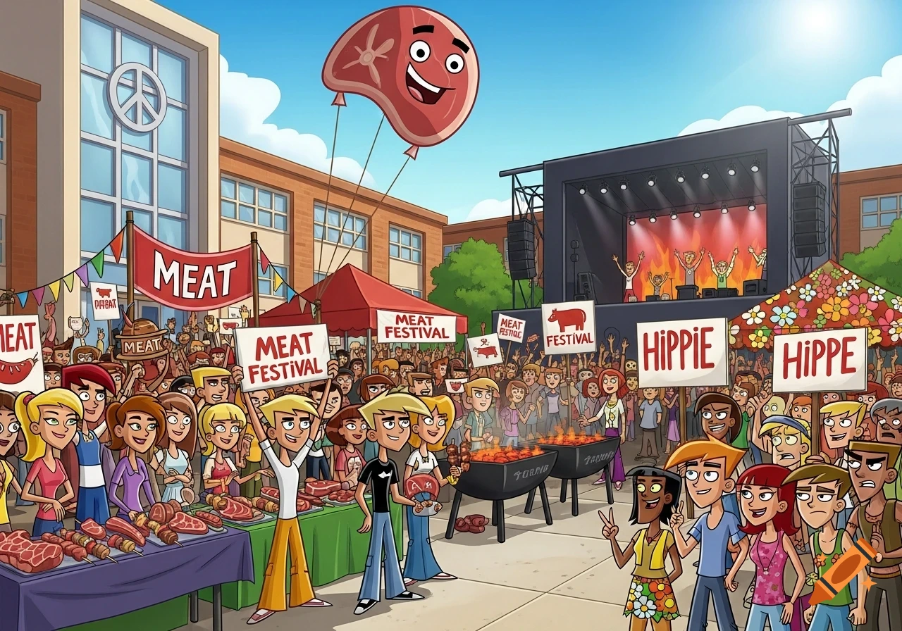 A lively cartoon meat festival with grill stands, a giant meat balloon, and a crowd of 'Meat Festival' and 'Hippie' protesters outside a high school.