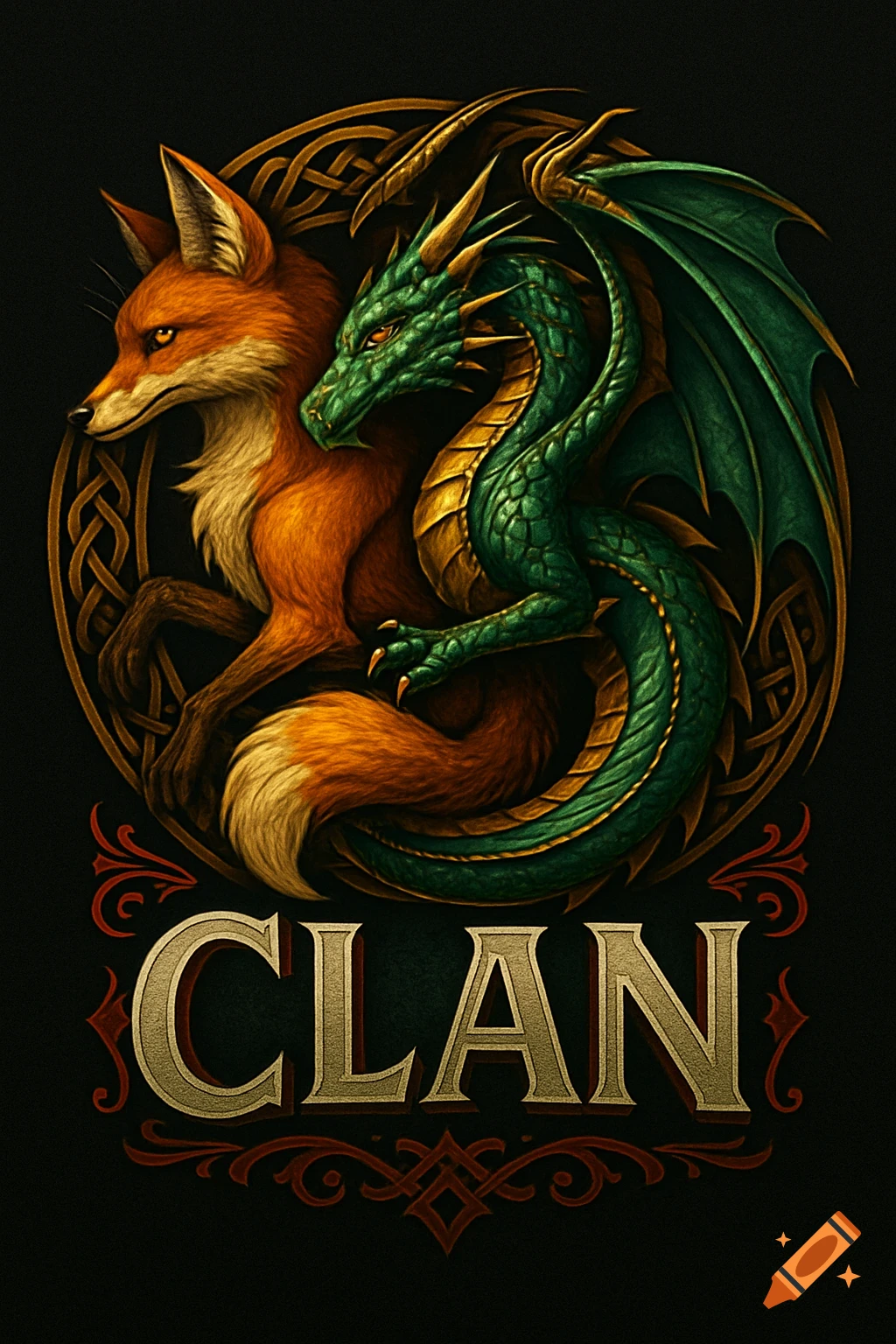 A fantasy emblem with a detailed orange fox and a green dragon intertwined, set against a golden Celtic knot border, with the word 'CLAN' below.