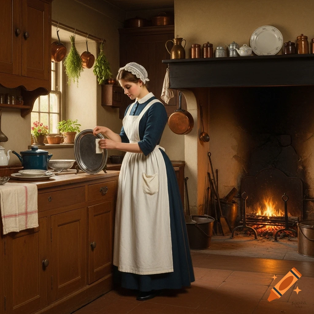 A photorealistic image of a woman in a historical maid's outfit polishing a silver tray in a rustic kitchen with a burning fireplace.