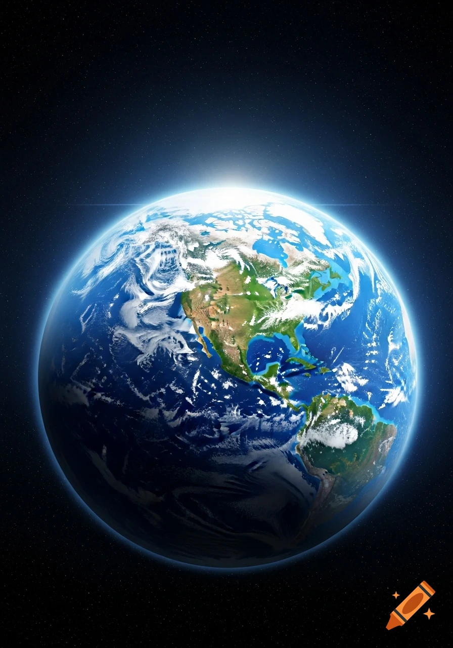 A detailed, illuminated view of Earth from space, showing North and South America with clouds, against a starry dark background.