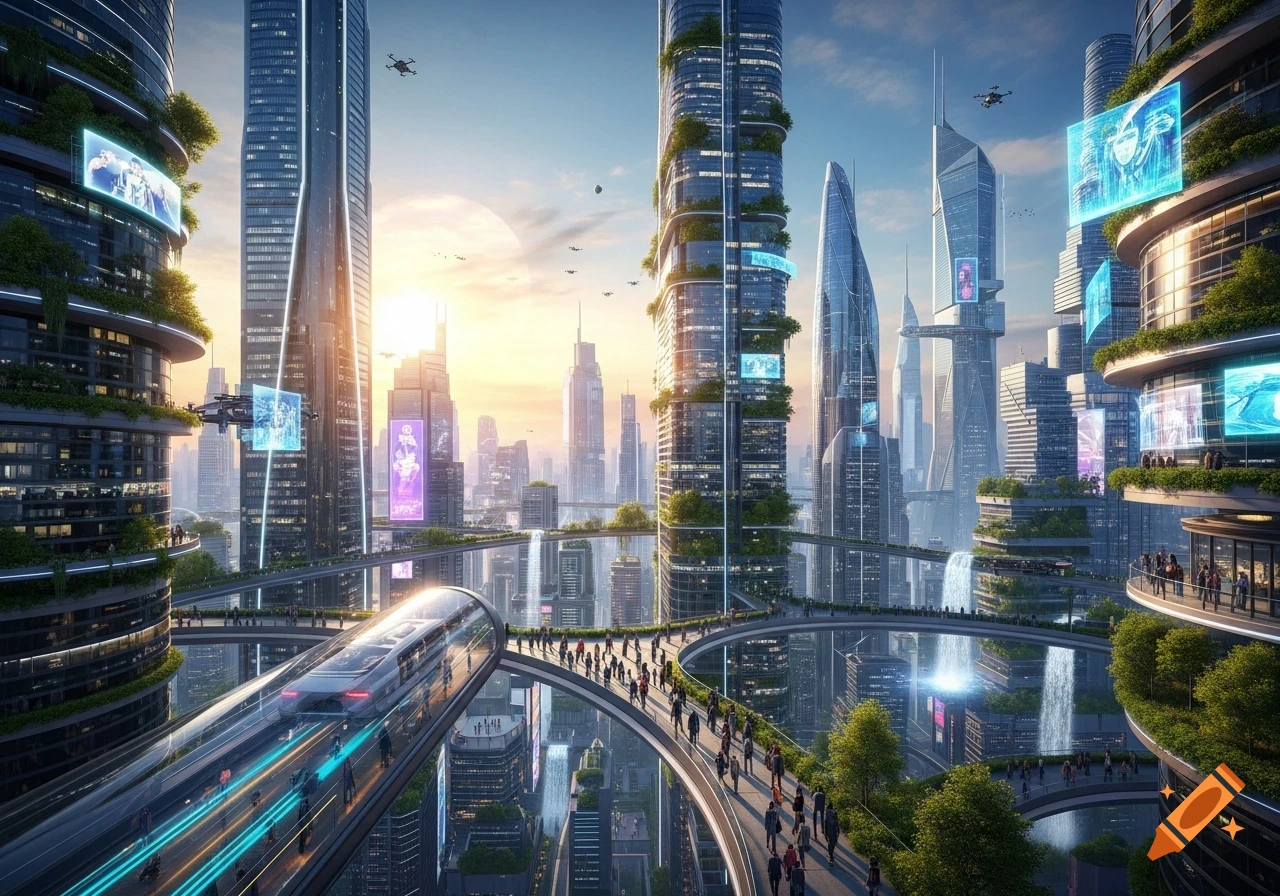 A gleaming futuristic city with towering green skyscrapers, an elevated maglev train, and busy pedestrian walkways under a bright sunset sky.
