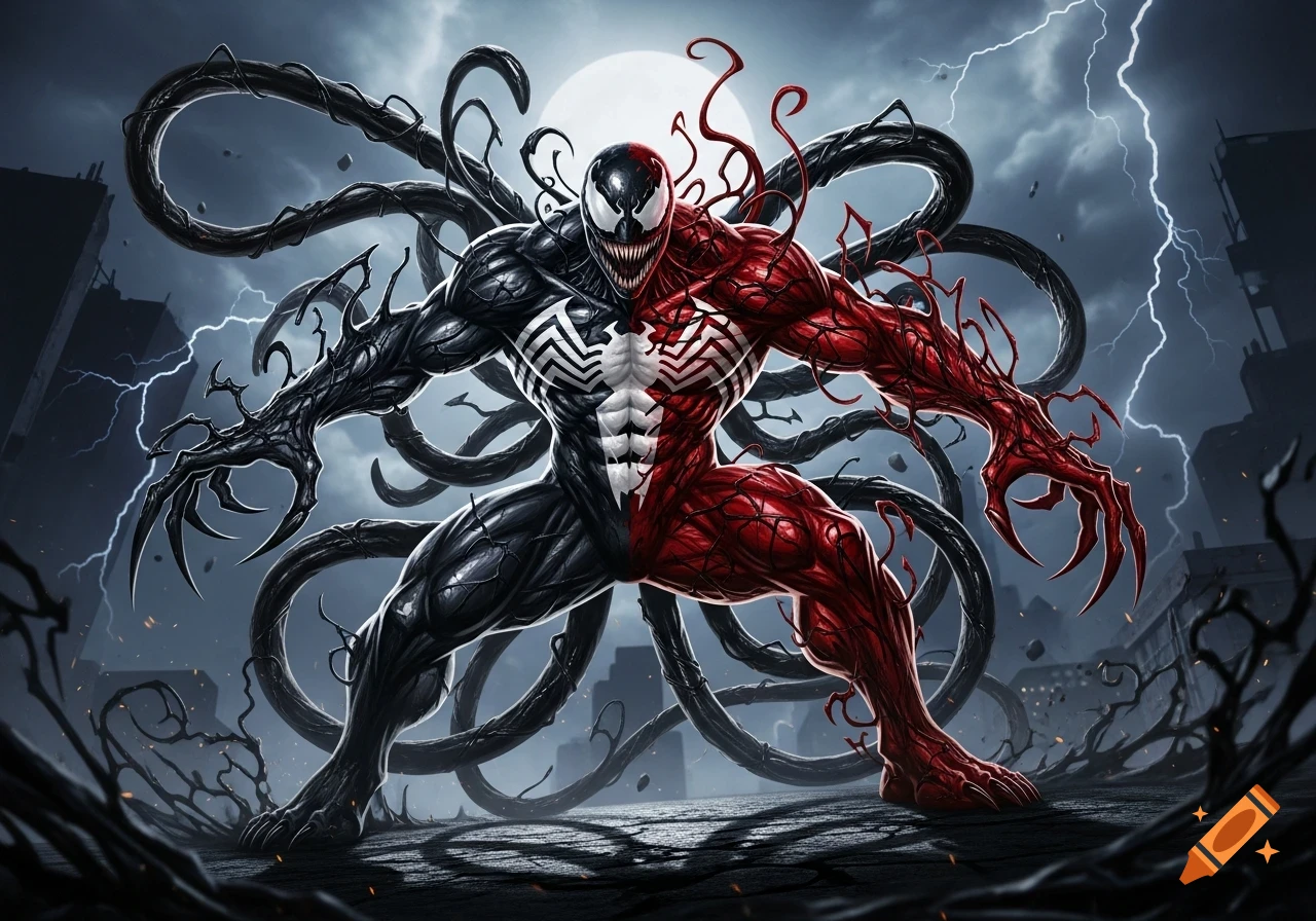 A powerful Anti-Venom and Carnage hybrid monster, split black and red, stands with tendrils and claws in a lightning-storm destroyed city.