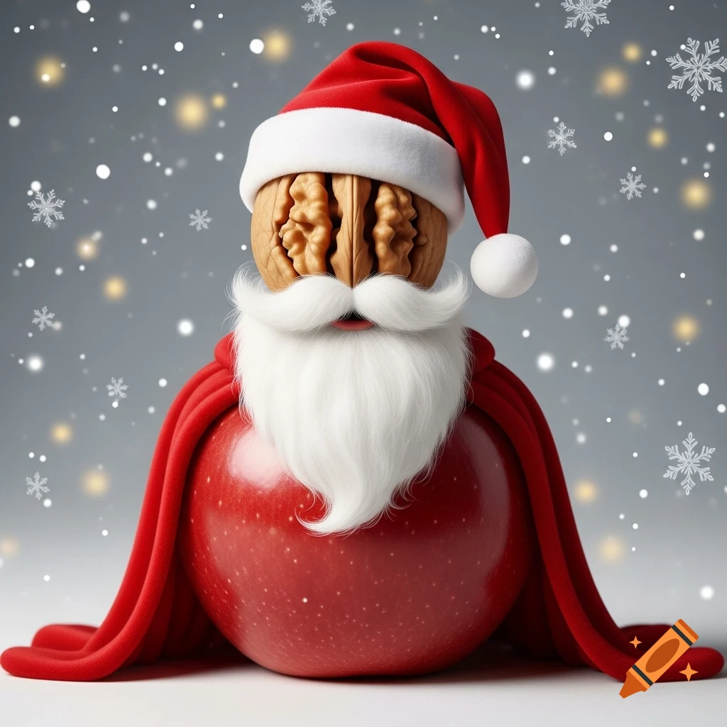 A whimsical Santa figure with an apple body, walnut head, white beard, red cape, and Santa hat stands in a snowy environment.