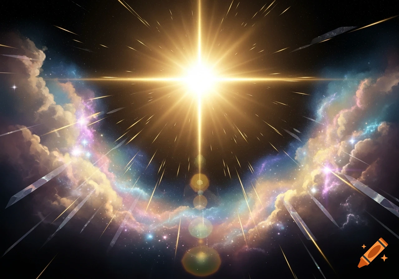 A blinding golden light with a starburst effect at the center of a cosmic void, surrounded by colorful nebulae and streaks of light.