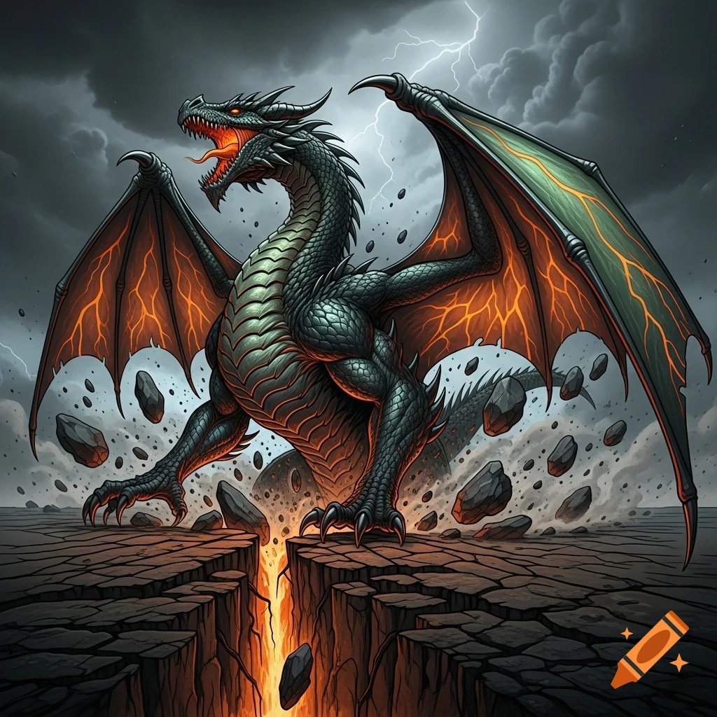 A powerful black and green dragon with glowing orange wings emerges from a fiery chasm in cracked earth under a stormy sky, in a graphic novel style.
