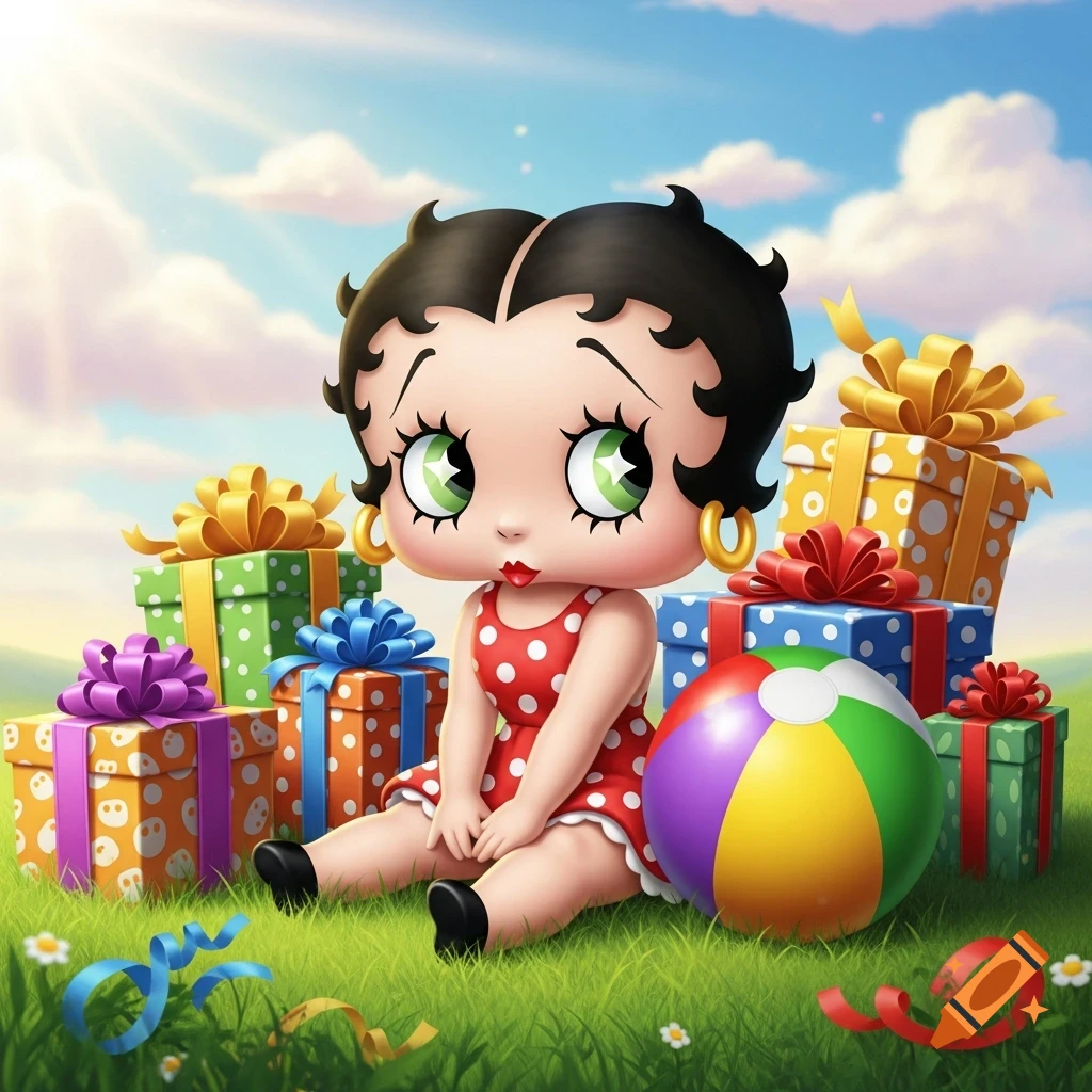 Cute baby Betty Boop in a red polka dot dress sits on grass surrounded by colorful gifts and a beach ball under a sunny sky.