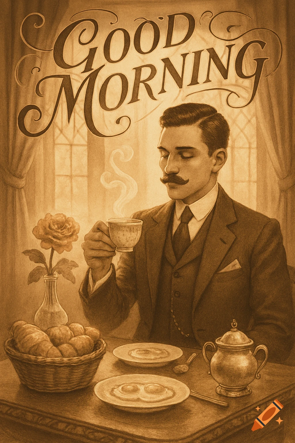 Vintage illustration of a dapper gentleman having breakfast with croissants and eggs, holding a coffee cup, under 'Good Morning' text.