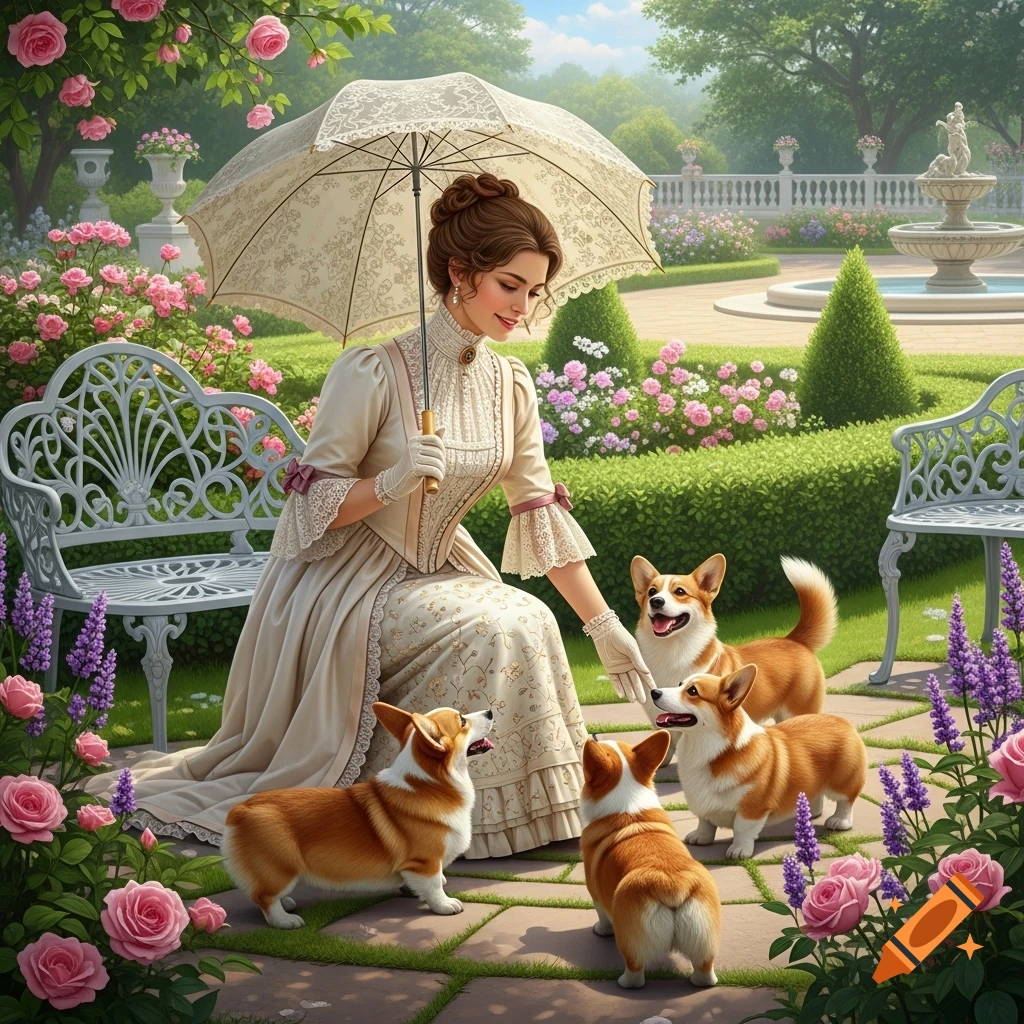 A Victorian woman in an elegant dress holds an umbrella and smiles at four playful corgis in a lush rose garden with benches and a fountain.