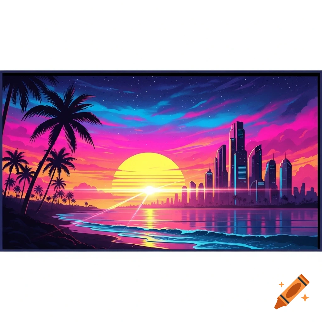 A vibrant synthwave illustration of a sunset over a neon city skyline and a palm-lined beach.