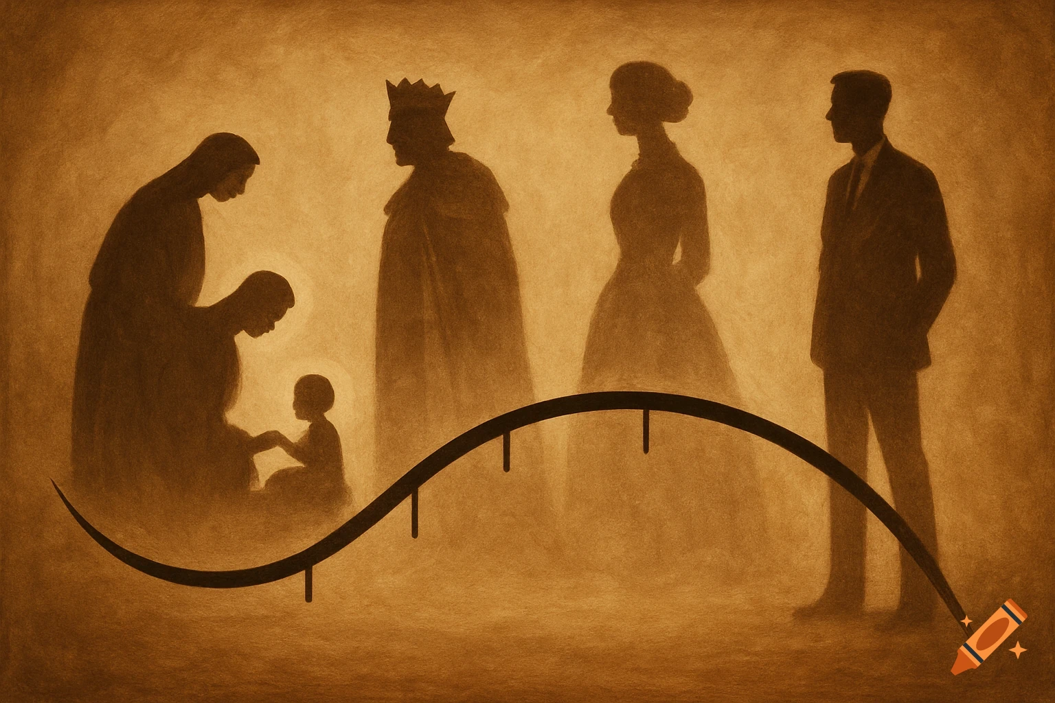 Sepia-toned silhouettes depict figures from various eras, including a nativity scene and modern individuals, with a wavy timeline.