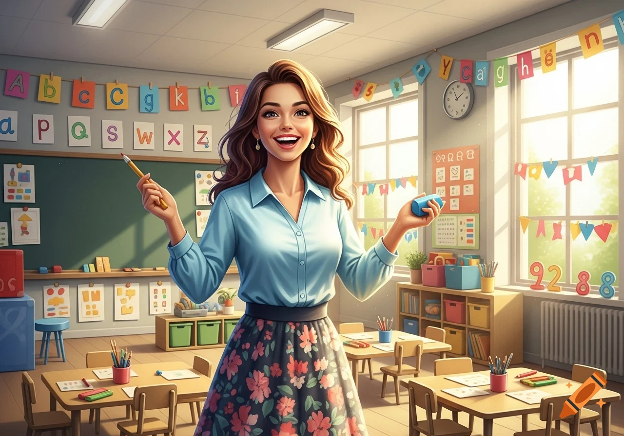 A happy cartoon teacher with brown hair, wearing a blue shirt and floral skirt, standing in a brightly lit classroom with alphabet banners and small desks, holding a pencil and a blue object.