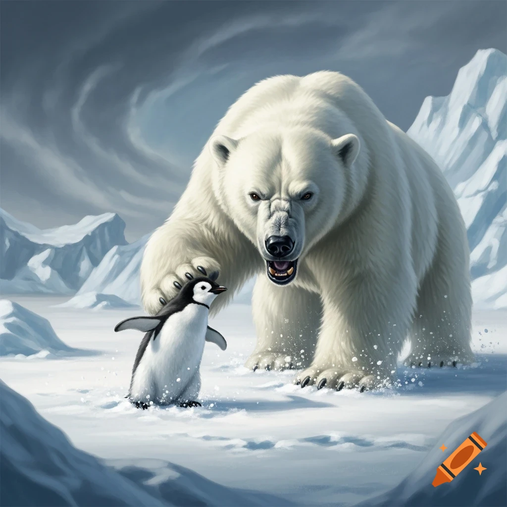 An angry polar bear lunges at a baby penguin in a snowy arctic landscape, mountains in the background, digital painting.