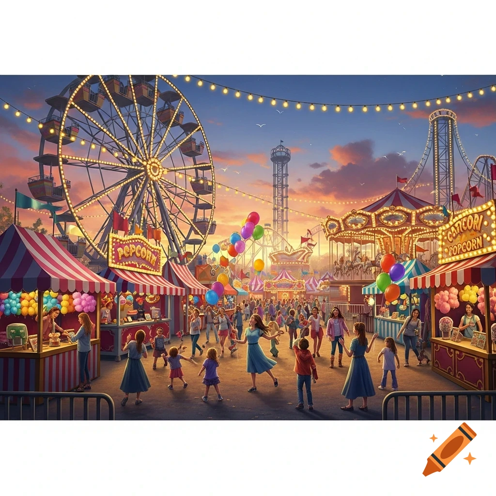 A vibrant carnival at sunset with a brightly lit Ferris wheel, carousel, food stalls, and a crowd of people enjoying the rides and atmosphere.