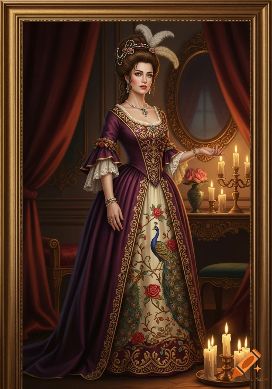 A woman in an opulent purple historical gown with a peacock and rose embroidered skirt stands in a candlelit room.