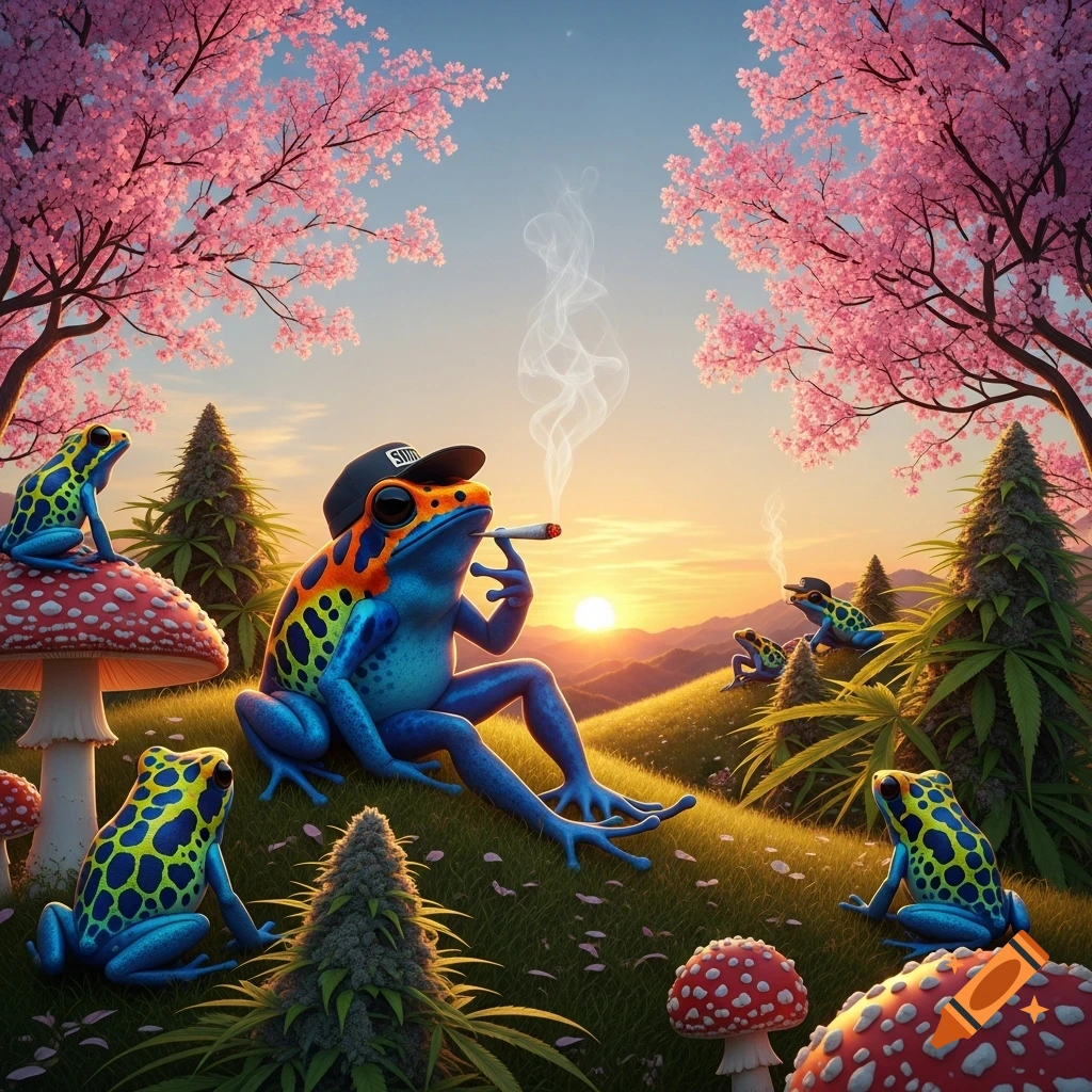 A colorful dart frog in a cap smokes a joint on a hill with cannabis plants, mushrooms, cherry blossoms, and other frogs at sunset.