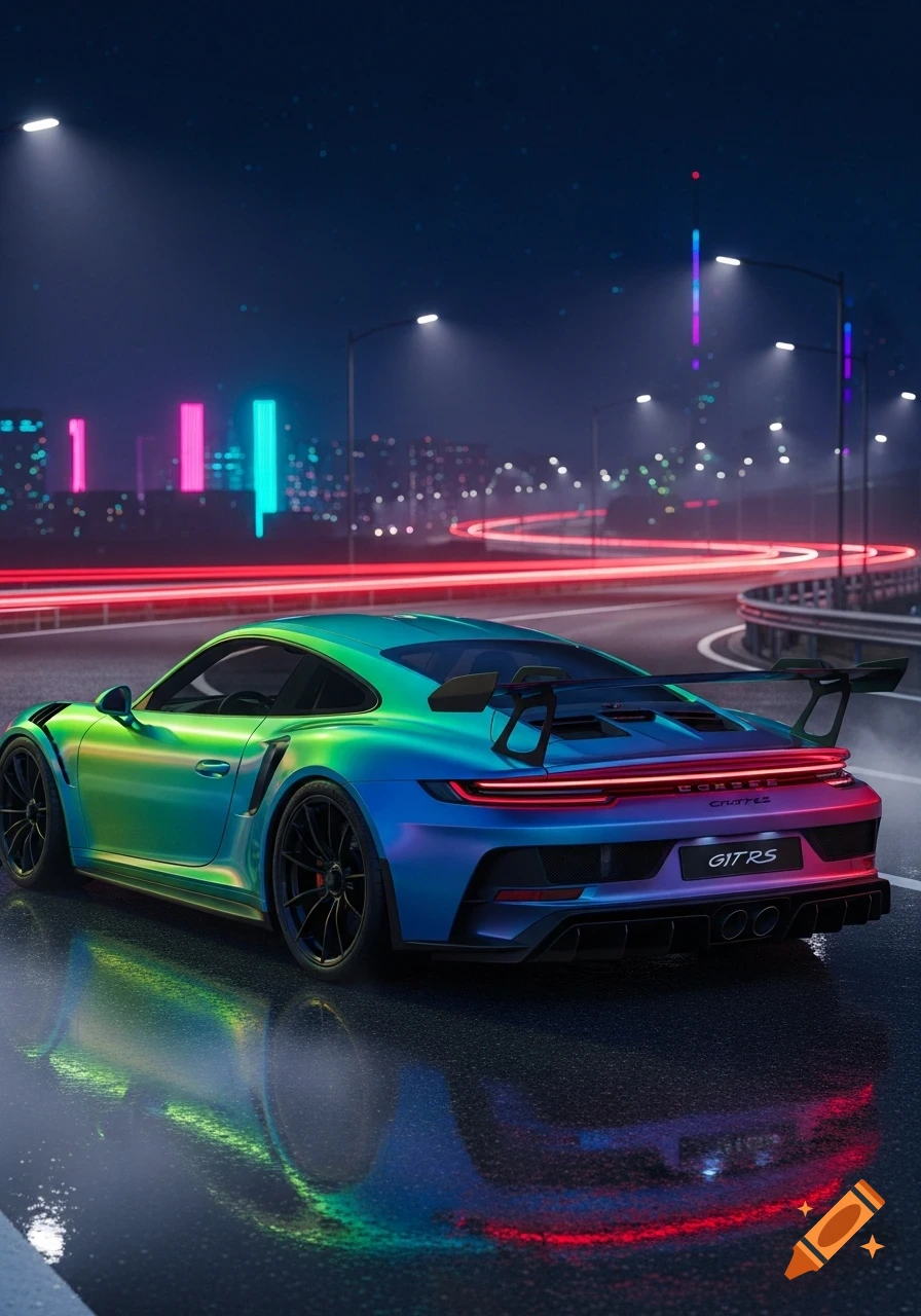 Iridescent sports car on a wet highway at night, with neon city lights and red light trails reflected on the road.