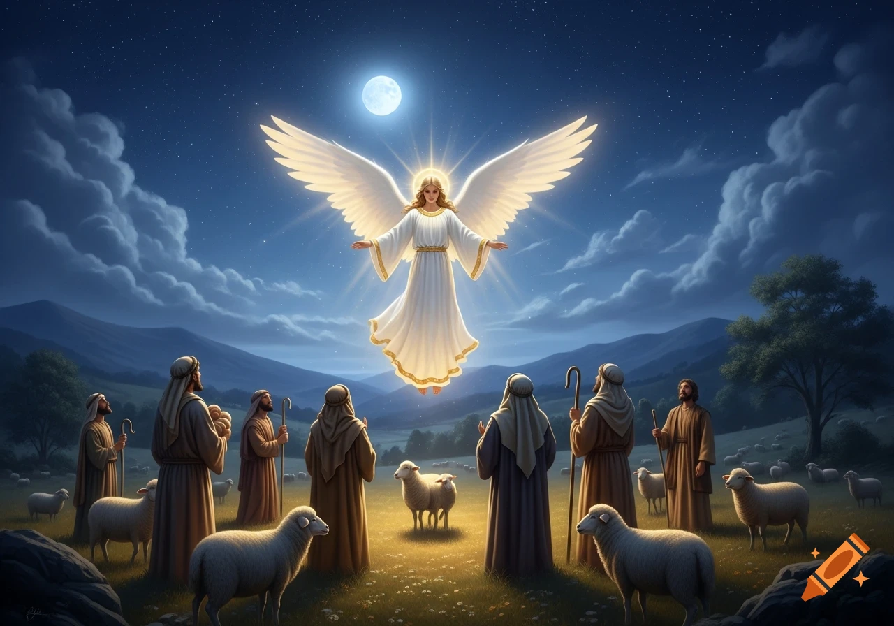 A radiant angel with large white wings hovers in a starry night sky above a group of shepherds and their sheep in a field.